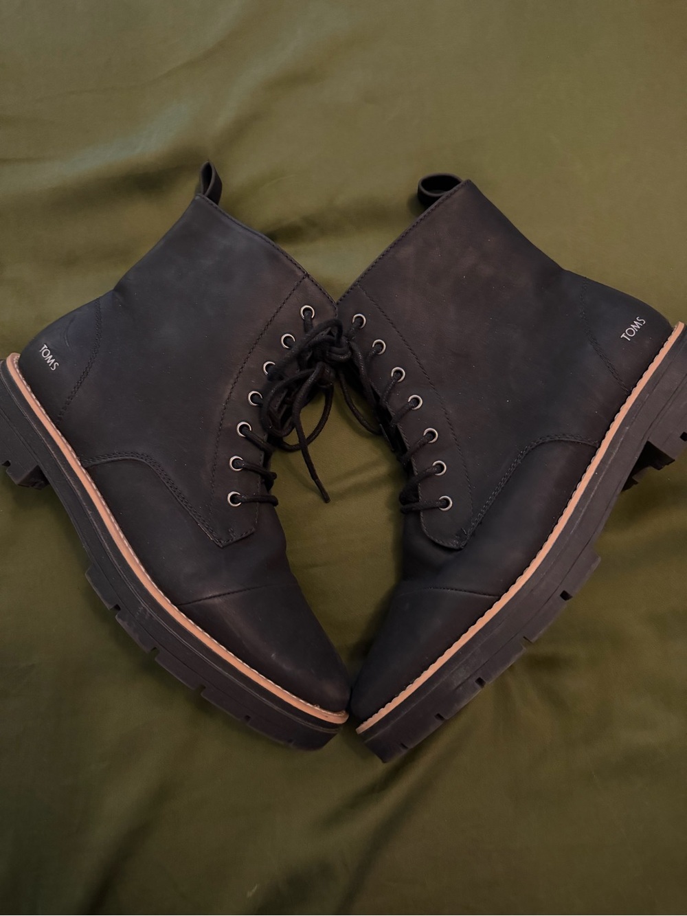 Toms Black Lace-Up Combat Boots with Tan Welt